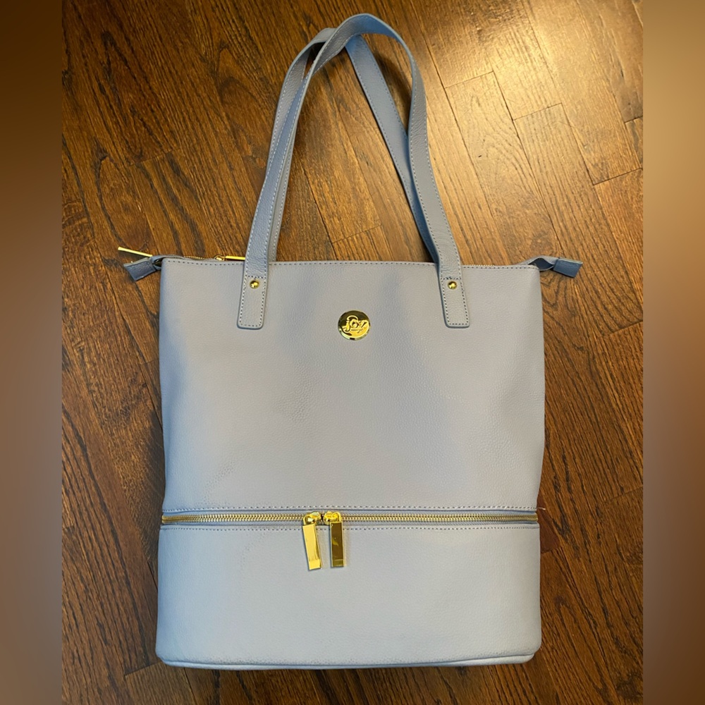 JOY Tote Bag shoe compartment vegan leather zip closure Gold tone accents travel